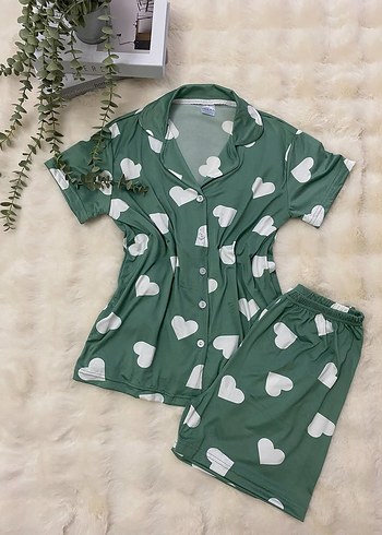 Diger Yeşil Kalp Desenli Kısa Kadın Pijama Takımı