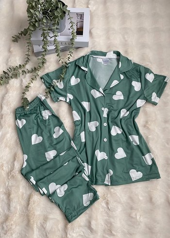 Diger Kadın Yeşil Kalp Desenli Kısa Kollu Pijama Takımı