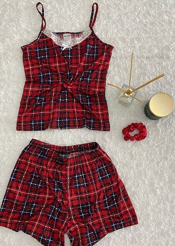Diğer Diger Kırmızı Ekose Desenli Askılı Şortlu Kadın Pijama