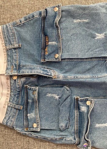Düğmeli Gri Mavi Midi Denim Kadın Pantolon