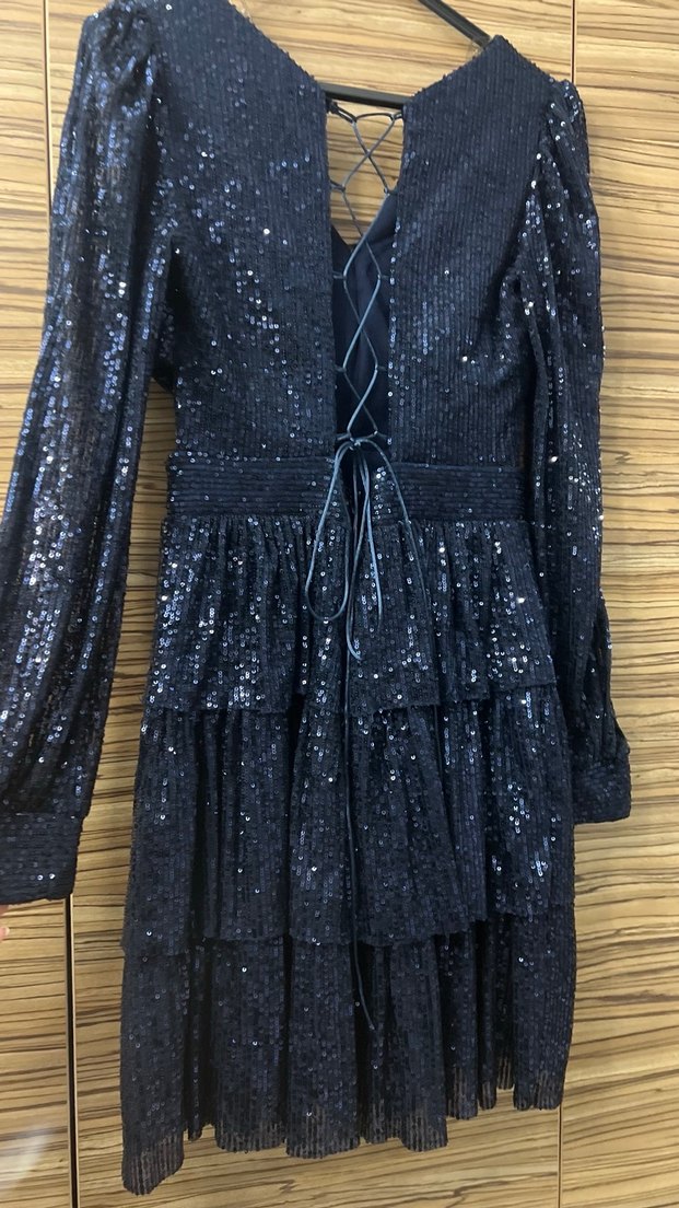 Pullu Lacivert Uzun Kollu Elbise - Görsel 3