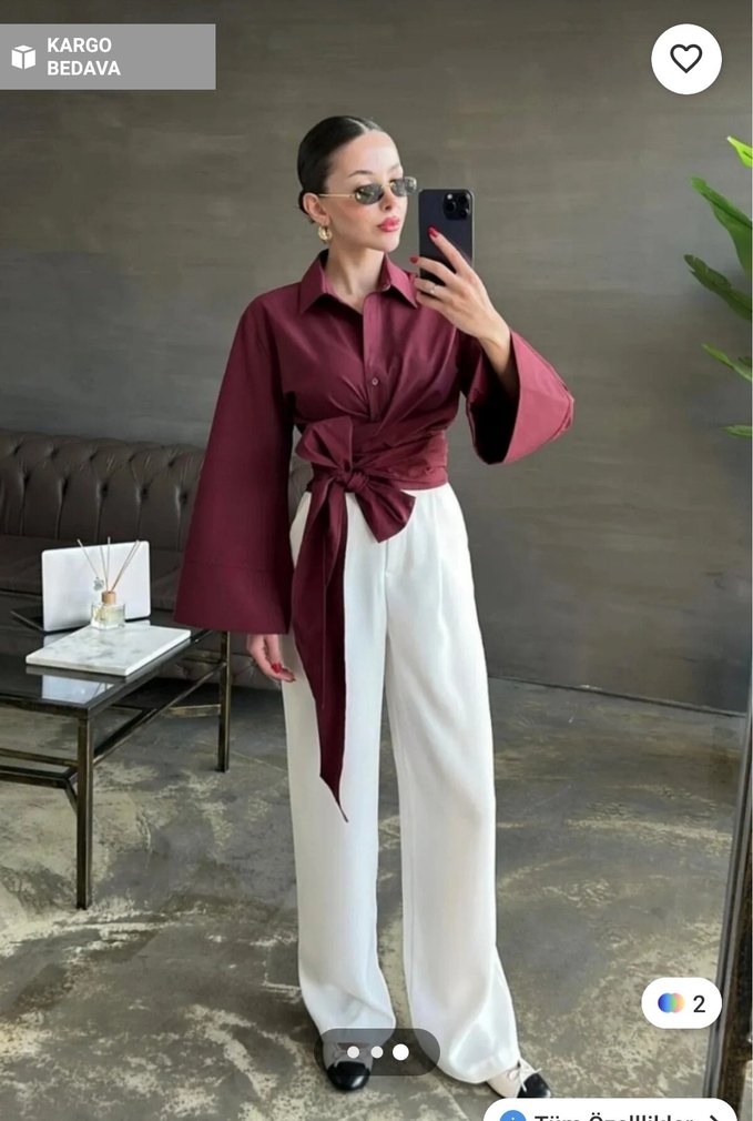 Bordo Uzun Kollu Kısa Bağlamalı Gömlek - Görsel 2