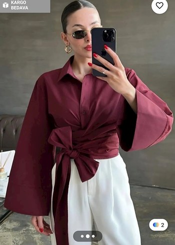Bordo Kuşaklı Uzun Kollu Midi Bluz - Görsel 2