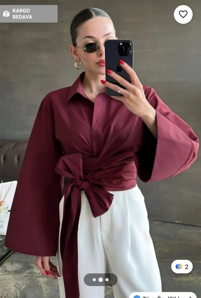 Bordo Kuşaklı Uzun Kollu Midi Bluz - Görsel 2