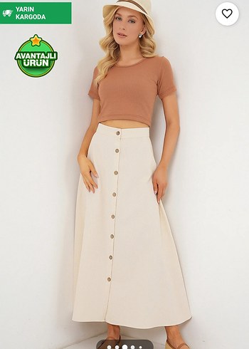 Bej Midi Pamuklu Salaş Kadın Etek - Görsel 2
