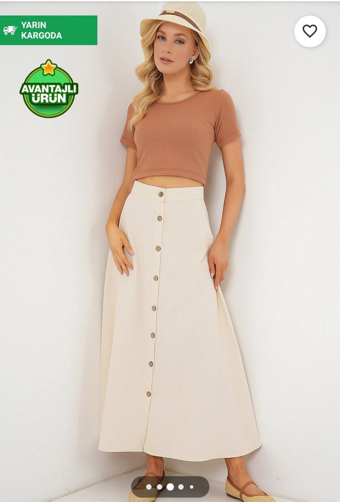 Bej Midi Pamuklu Salaş Etek - Görsel 2