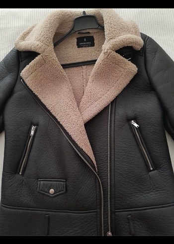 Stradivarius Kürklü Gri Deri Biker Ceket - Görsel 2