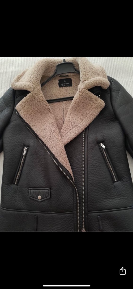 Stradivarius Kürklü Gri Deri Biker Ceket - Görsel 2