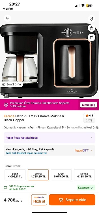 Karaca Hatır Plus 2 In 1 Kahve Makinesi Black Copper