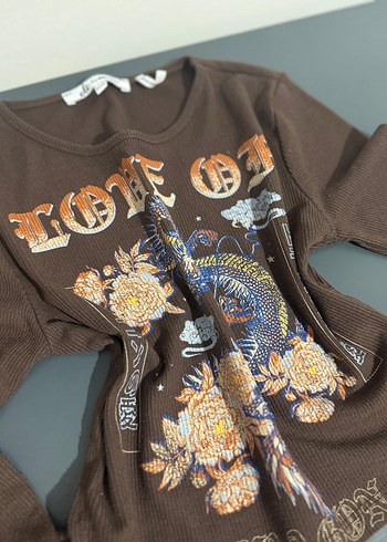 Koton Kahverengi Baskılı Uzun Kollu Crop - Görsel 3