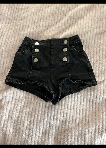 Düğmeli Siyah Mini Denim Şort