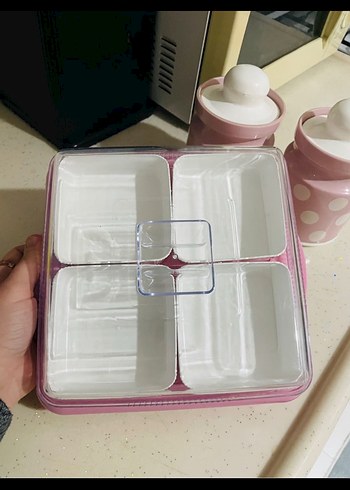 Pembe Noktalı Saklama Kavanozları 2 adet ve Bölmeli Tabak - Görsel 4