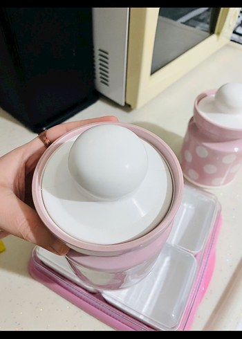 Pembe Noktalı Saklama Kavanozları 2 adet ve Bölmeli Tabak - Görsel 3