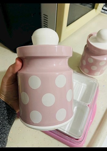 Pembe Noktalı Saklama Kavanozları 2 adet ve Bölmeli Tabak - Görsel 2