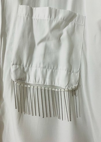 Düğmeli Beyaz Keten Uzun Kollu Gömlek - Görsel 2