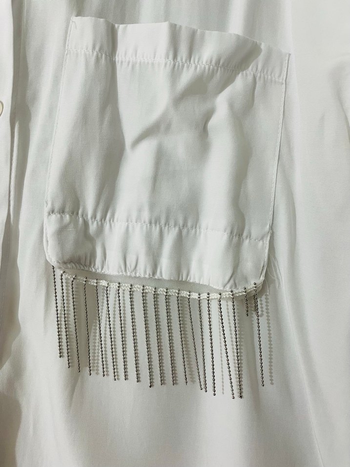 Düğmeli Beyaz Keten Uzun Kollu Gömlek - Görsel 2