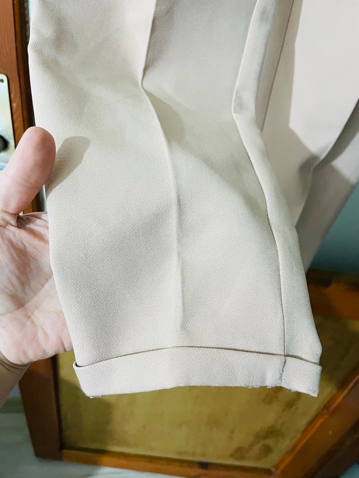 Bej Midi Keten Kadın Kumaş Pantolon - Görsel 3