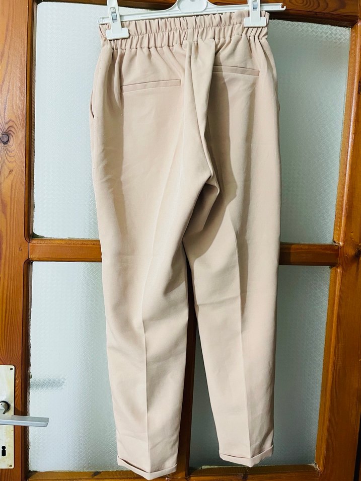 Bej Midi Keten Kadın Kumaş Pantolon - Görsel 4