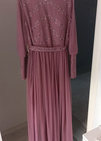 Abiye Pembe İşlemeli Uzun Kollu Abiye Elbise