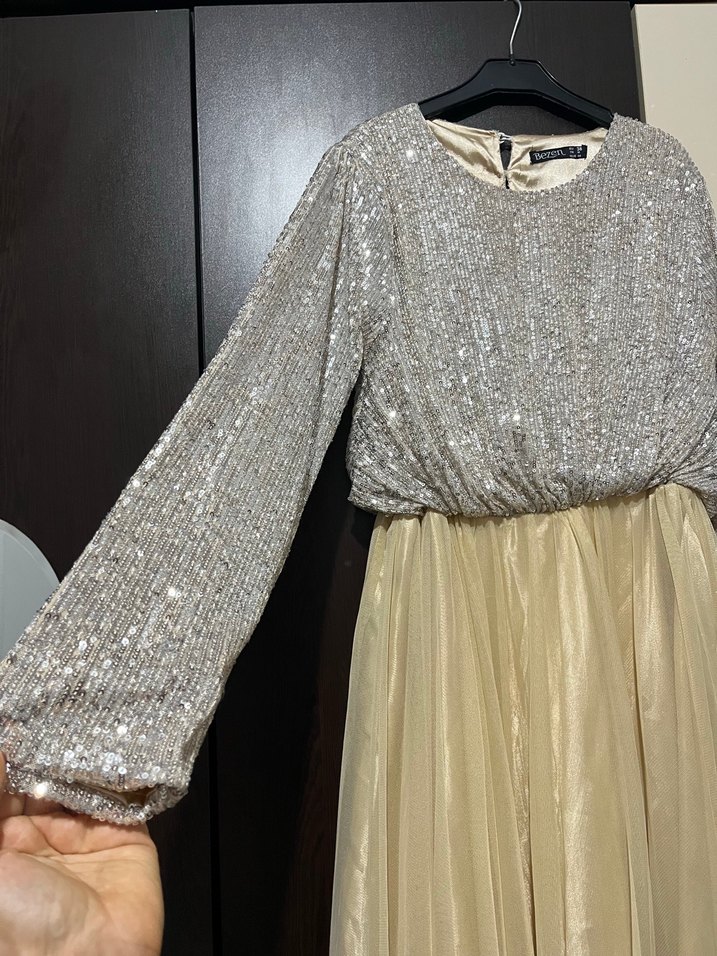 Bej Tesettür Abiye Elbise - Görsel 2