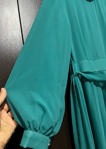 Uzun Turkuaz Pileli Klasik Elbise - Görsel 2