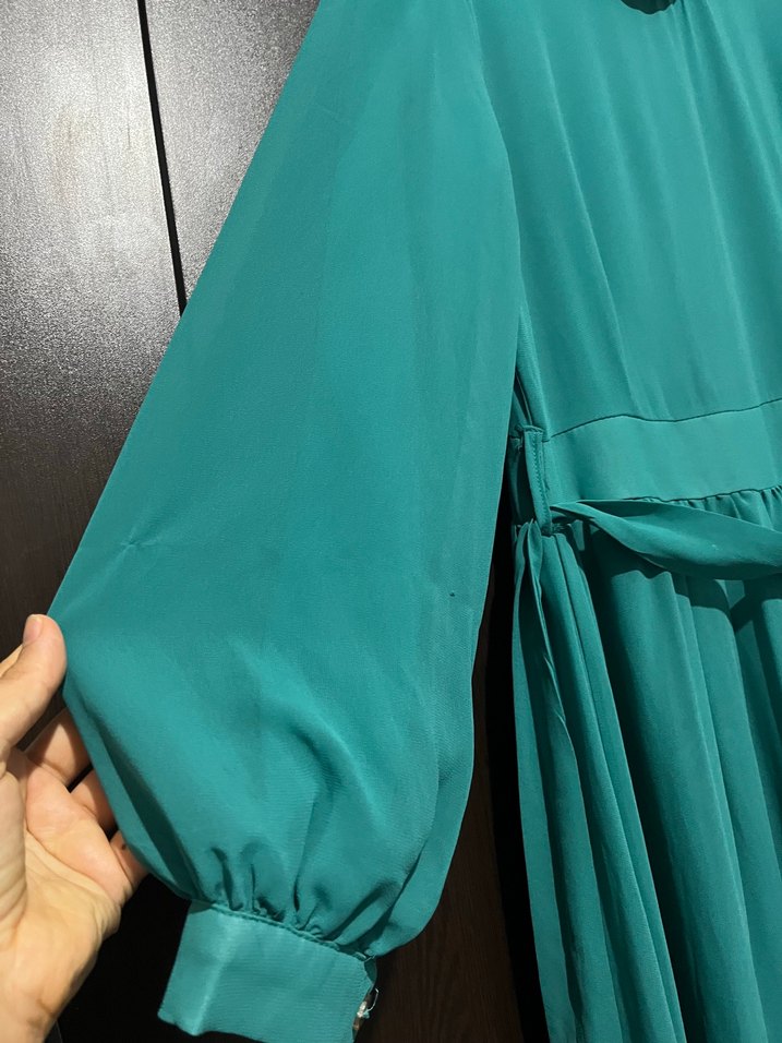 Uzun Turkuaz Pileli Klasik Elbise - Görsel 2