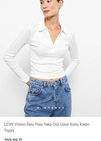 LCW Vision Kadın Ekru Polo Yaka Uzun Kollu Tişört - Görsel 2
