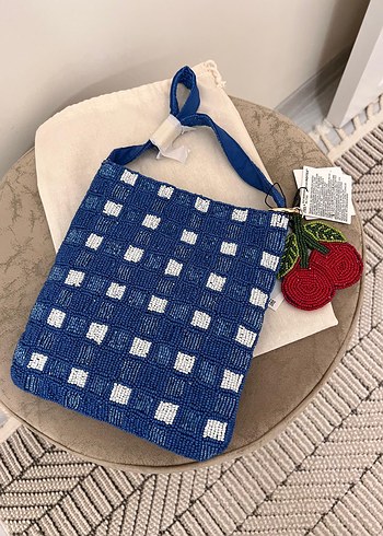 Zara Boncuk İşlemeli Mavi Kareli Bohem Kadın Çanta