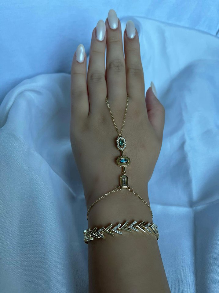 Turkuaz Taş Desenli Zincirli Kadın El Zinciri - Görsel 2