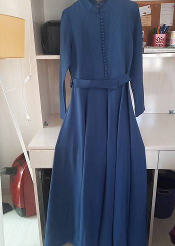 Düğmeli Lacivert Uzun Kadın Elbise