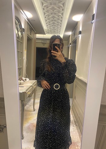 Diğer Uzun Kol, Puantiyeli Siyah Kadın Elbise