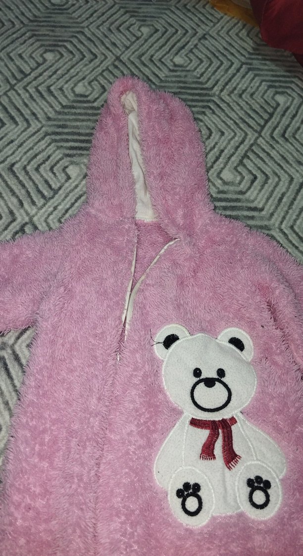 Pembe Kapüşonlu Bebek Tulumu Ayıcık Nakışlı - Görsel 2