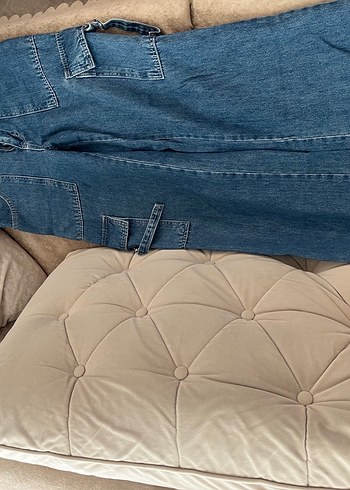 Düğmeli Bol Kesim Mavi Kadın Kot Pantolon - Görsel 3