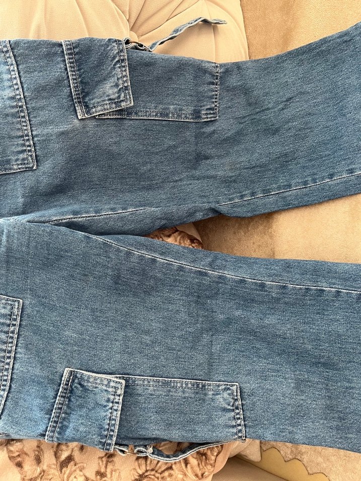 Düğmeli Bol Kesim Mavi Kadın Kot Pantolon - Görsel 4