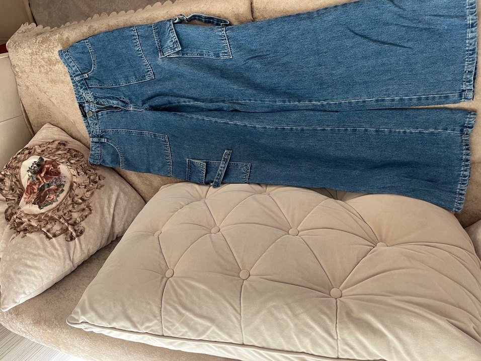 Düğmeli Bol Kesim Mavi Kadın Kot Pantolon - Görsel 3