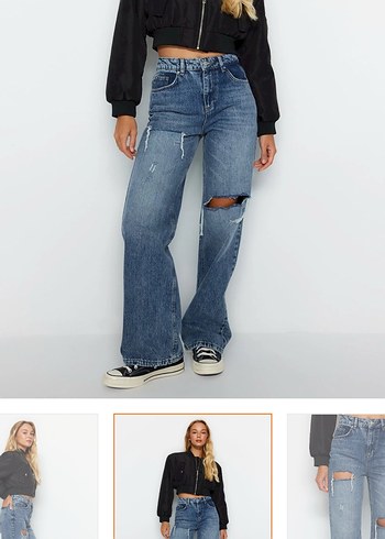 Yırtık Detaylı Bol Kesim Mavi Kadın Jean - Görsel 4