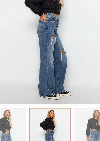 Yırtık Detaylı Bol Kesim Mavi Kadın Jean - Görsel 2