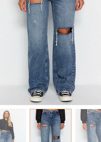 Yırtık Detaylı Bol Kesim Mavi Kadın Jean - Görsel 3