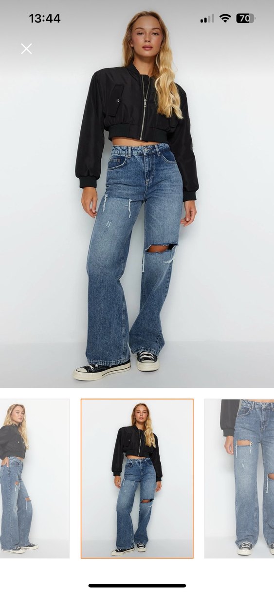 Yırtık Detaylı Bol Kesim Mavi Kadın Jean - Görsel 4