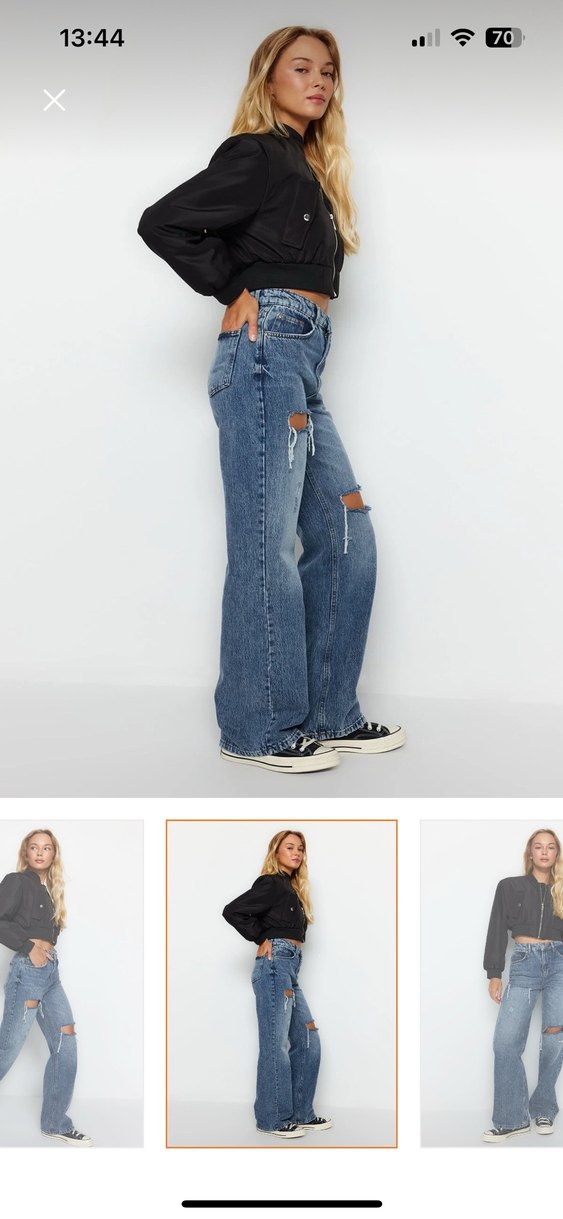 Yırtık Detaylı Bol Kesim Mavi Kadın Jean - Görsel 2