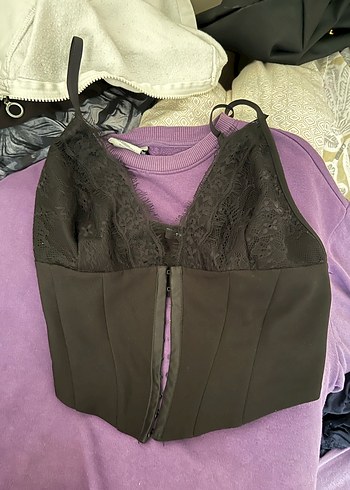 Siyah V Yakalı Fermuarlı Mini Bustiyer - Görsel 2