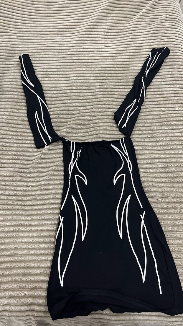 Kadın Siyah Straplez Mini Elbise Zebra Desenli - Görsel 5