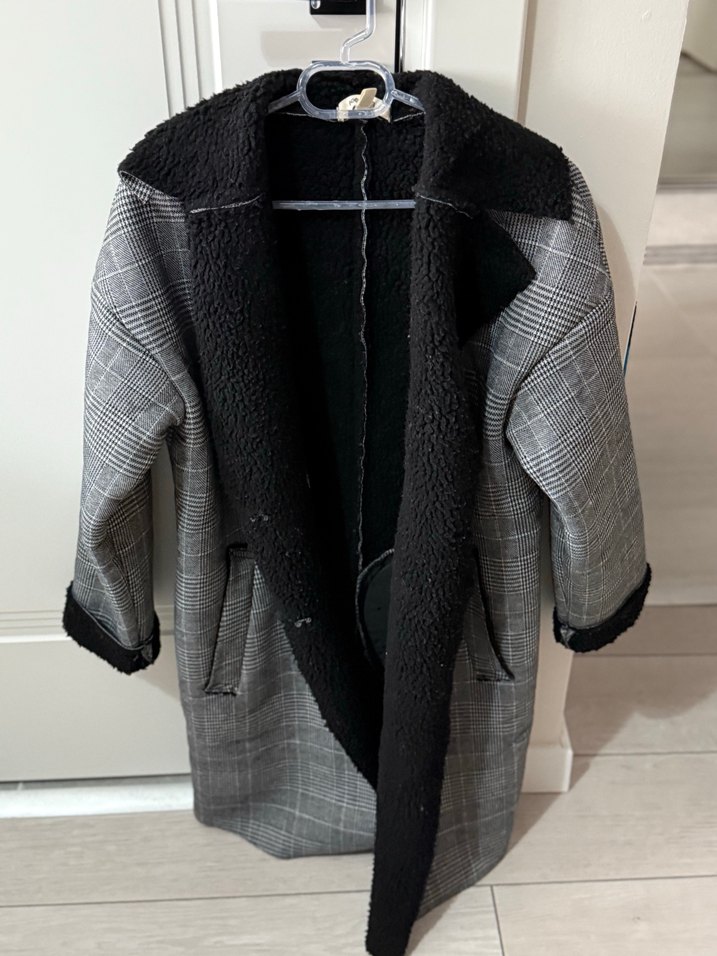 Gri Ekose Kürklü Midi Kadın Kaban - Görsel 2