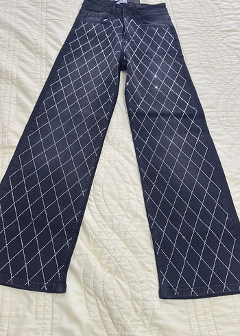 Kadın Gri Kareli Regular Fit Denim #Pantolon taşlı