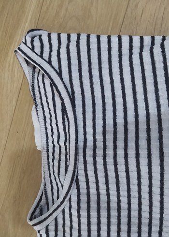 s Beden Kısa Kollu Çizgili Beyaz Gri Tişört