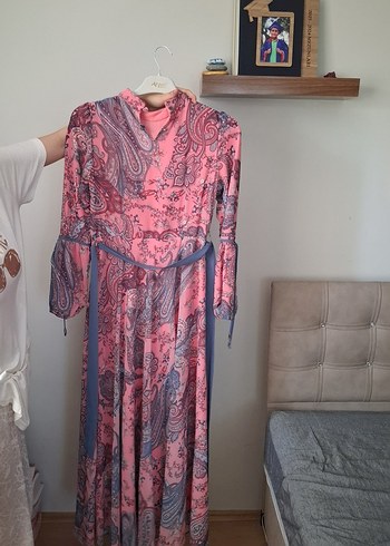 Pembe Bohem Uzun Elbise Yüksek Yaka - Görsel 3