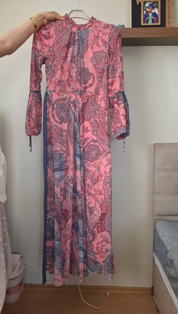 Pembe Bohem Uzun Elbise Yüksek Yaka - Görsel 2