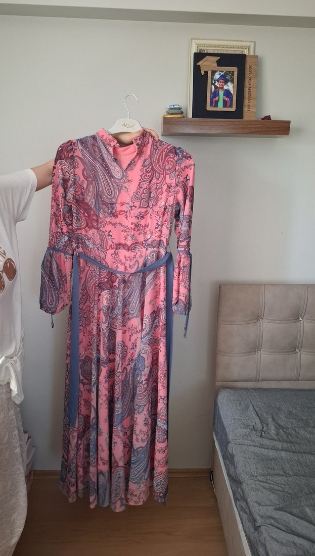 Pembe Bohem Uzun Elbise Yüksek Yaka - Görsel 3