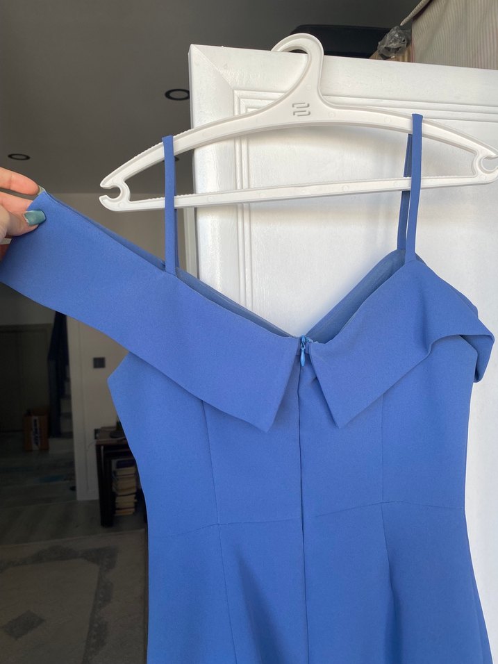 Mavi Midi Balerin Kollu Abiye Elbise - Görsel 5