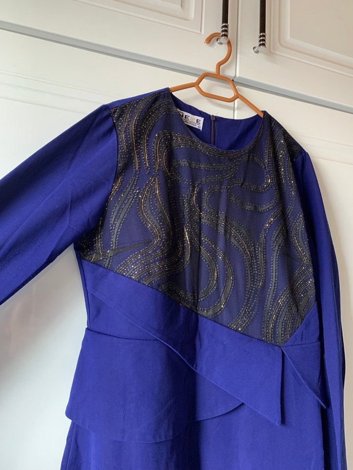 Uzun Kollu Lacivert Uzun Elbise - Görsel 2